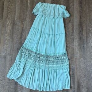 Pink Lily || Strapless Beachy Aqua Maxi Dress with Lace Detail